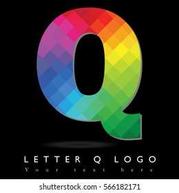 Letter Q Logo Design Concept in Rainbow Mosaic Pattern Fill and Black Background