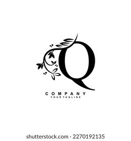 letter Q logo design with flowers, leaves and black feathers in a beautiful and elegant style. monogram Q. typography Q. initial Q logo. suitable for, business, wedding, boutique, company, hotel, etc