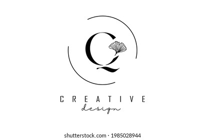 Letter Q logo design with leaf detail and circle frame. Vector Illustration with Botanical elements. Nature template with Q letter for personal branding, corporate, business, eco or natural products.