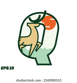 Letter Q logo design vector with deer icon in monoline shape