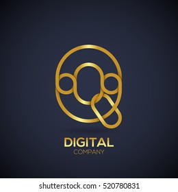 Letter Q Logo Design.Linked shape circle symbol,Digital,Gold color