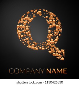 Letter Q logo gold dots. Alphabet logotype with abstract golden bubbles shape on black background. Vector template for your design
