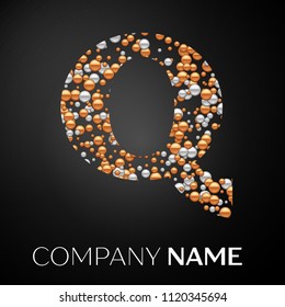 Letter Q logo gold-silver dots. Alphabet logotype with abstract golden-silver bubbles shape on black background. Vector template for your design