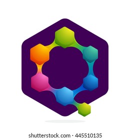 Letter Q logo with Hexagon and lines. Bright color vector design for your science, biology, physics, chemistry company. Icon for banner, presentation, web page, app icon, card, labels or posters.