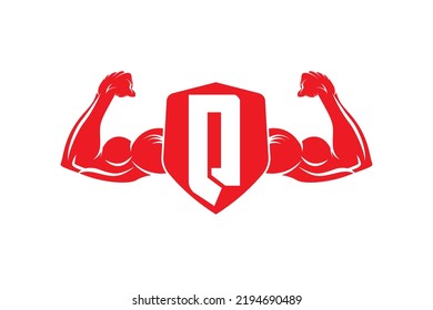 Letter Q logo icon design template elements, with bicep flex and shield.