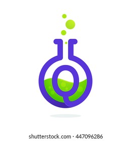 Letter Q logo in laboratory beaker. Vector elements for science, biology, physics or chemistry design.