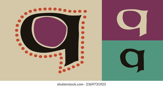 Letter Q logo. Lindisfarne calligraphy in majuscule Celtic, Anglo-Saxon, Irish style with red dots pattern. Dim colored medieval initial. Vintage illuminated dropcap for brewery, heraldic monograms.