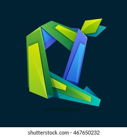 Letter Q logo in low poly style with green leaves. Ecology vector design for presentation, web page, app icon, card, labels or posters.