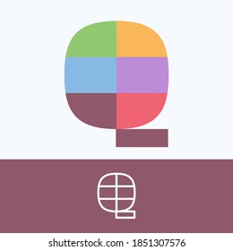 Logo de la letra Q hecho de patrón de bloque con colores bastante oscuros. Plantilla de vectores perfecta para usar en una linda identidad corporativa, empaque de saludos, afiches de boda, diseño de ropa y otros. 