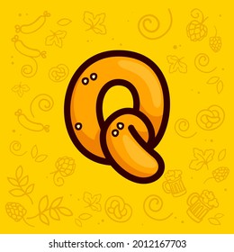 Letter Q logo made of pretzel. Hand-drawn with Oktoberfest pattern on background. Perfect to use in any German restaurant advertising, party posters, appetizer identity, etc.