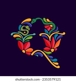 Letter Q logo with Mexican colorful and ornate ethnic pattern. Traditional Aztec leaves and flowers embroidery ornament. Vector design template for folk Spanish food, holidays, carnival, and party.