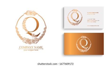 Logotipo o monograma de la letra Q. Para su negocio. Signo vectorial. Estilo floral, bellas rosas. Logo personal.