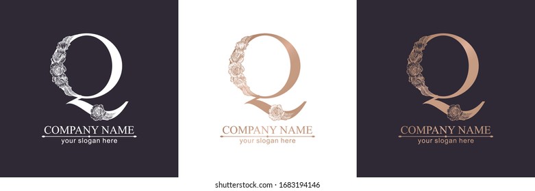Buchstabe Q Logo oder Monogramm. Für Ihr Geschäft. Vektorillustration. Blumenstil, schöne Rosen. Persönliches Logo.