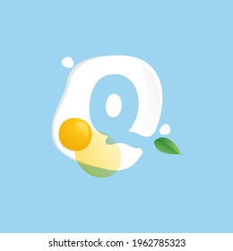 Letter Q logo on a Fried Egg with green leaf and splashes. Negative space vector icon for farm company, ecology cafe, tasty poster, fast food restaurant.