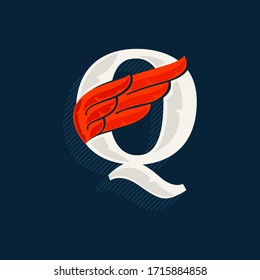 Letter Q logo with red wing. Classic serif font with shadow made of lines. Vector icon perfect for sport labels, shipping posters, power identity, etc.