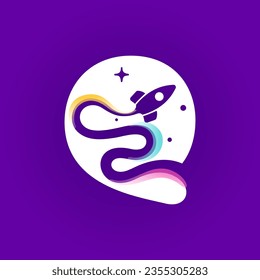 Letter Q logo with rocket launch trail, planets, and stars. Negative space style icon. Vector typeface for science identity, planet travel app, chemistry posters, jet company, and biology advertising.