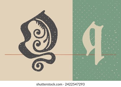 Letter Q logo set. Medieval Polish blackletter calligraphy. 15th century Schwabacher Gothic type. Old German style font for fairy tale, premium newspaper headline, magic testament, heraldry manuscript