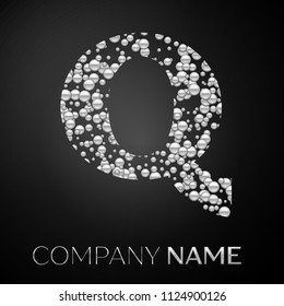 Letter Q logo silver dots. Alphabet logotype with abstract silver bubbles shape on black background. Vector template for your design