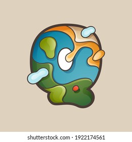 Letter Q logo with topographic map line pattern. Outdoor adventure emblem with mountain, ocean, hills, forest, desert, and clouds.