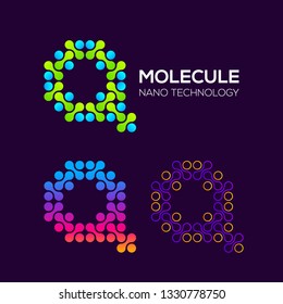 Letter Q Logotype with Dots and Curve , Circle Shape and Line Connection, Molecule and Nano Technology logo, Innovation and DNA Icons, Medical Cosmetics Symbols, Science Laboratory Cell Signs