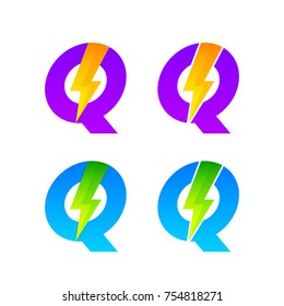 Letter Q logotype set with Thunder Electric logo, Energy, Power, Flash, Lighting Bolt colorful concept for your Corporate identity vector design template