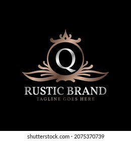 letter Q luxurious rustic crest logo badge for beauty care, wedding organizer, hotel and cottage