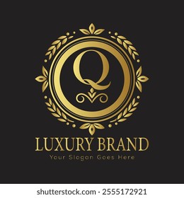 Letter Q Luxury brand logo design with a royal gold crown emblem and elegant typography
