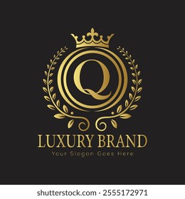 Letter Q luxury gold logo concept brand logo design with a royal gold crown emblem and elegant typography
