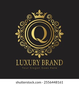 Letter Q luxury gold logo concept brand logo design with a royal gold crown emblem and elegant typography
