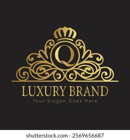 Letter Q luxury gold logo concept brand logo design with a royal gold crown emblem and elegant typography
