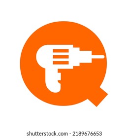 Letra Q Diseño de logotipo de construcción de fabricación con plantilla de vector de símbolo de máquina de taladro