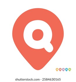 Letter Q map pin symbol, initial q location pin pointer icon vector illustration, alphabet q combined with red map marker sign