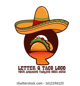 Letter Q Mexican Meat Taco Dishes with Sombrero Hat Vector Logo Design Illustration Food on White Background for Restaurant and Cafe. Initial Typography Logotype Template