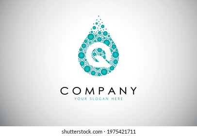 Letter Q mineral water drop logo with bubble design elements, eps10.