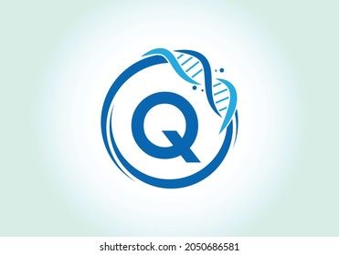 Letter Q monogram alphabet in a circle with DNA. Genetics logo design concept. Font emblem. Modern vector logo for medicine, science, laboratory, business, and company identity