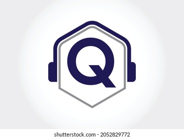 Letter Q monogram alphabet with a headphone. Headphone Logo vector icon symbol. Music sign symbol. Font emblem. Design element for poster, banner, t-shirt, notebook cover, sticker, greeting card, bag,