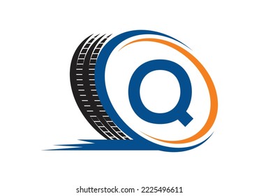 Letter Q monogram alphabet With a Sport Car Automotive Car Repair Logo Design Concept With Transport Tire Icon Vector Template.