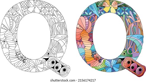 Monograma de la letra Q para colorear, grabar diseño. Ilustración vectorial. Conjunto de colores y contorno