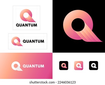 Letra Q. Monograma Q con elementos decorativos como tiras o cintas. Emblema abstracto. Emblema para negocios, internet, tienda online, etiqueta o embalaje.