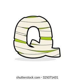 Letter Q Monster zombie. Alphabetical icon medical bandages. Egyptian concept of template elements ABC. Mummy ABC icon