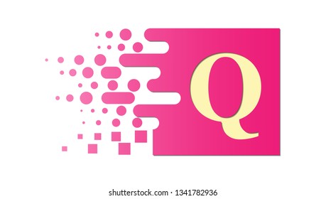 letter Q on a colored square with destroyed blocks on a white background.