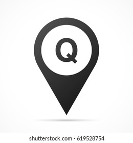Letter Q on map pin. Location pointer isolated on a white background.
Conceptual vector illustration.
