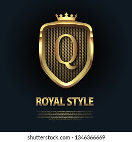 Letter Q on the shield with crown isolated on dark background. Golden 3D initial logo business vector template. Luxury, elegant, glamour, fashion, boutique for branding purpose. Unique classy concept.