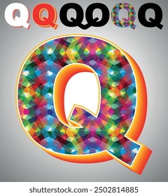 Letter Q on triangular pattern mosaic royalty vector, Colorful triangles form Q mosaic design, This graphic design is set against Q white triangular background, Polygonal 3D Alphabet Q, A to Z Letter,