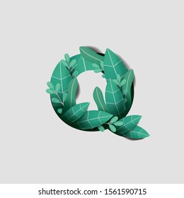 Letter Q Paper Cut Style Design With Green Leaf Beautiful Ornament Handcraft White Background. Vector Stock Illustration