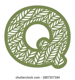 Letter Q with a pattern of leaves. Green object on a white background. Plants theme. Openwork botanical logo, sign, icon for natural, eco products. Summer or spring alphabet, font. Vector illustration