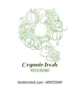 Letter Q pattern logo of groceries organic farm fresh fruits and vegetables. Vector illustration logotype. Outline line flat style design. White backdrop.