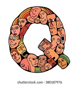 Letter Q. People crowd. Isolated alphabet design. Hand drawn vector illustration in cartoon style