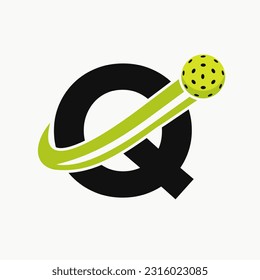 Letter Q Pickleball Logo Concept With Moving Pickle Ball Symbol. Pickle Ball Logotype