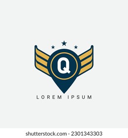 Letter Q Pin and wings initial shield with wings logo design